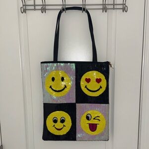Sequin Smiley Face Tote Bag - Black and Yellow